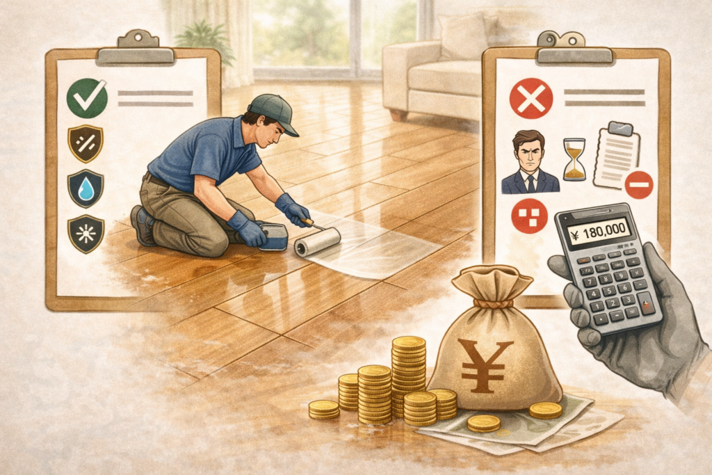 フロアコーティング専門業者による施工風景。プロの技術で無垢材フローリングにペット用コーティングを塗布中