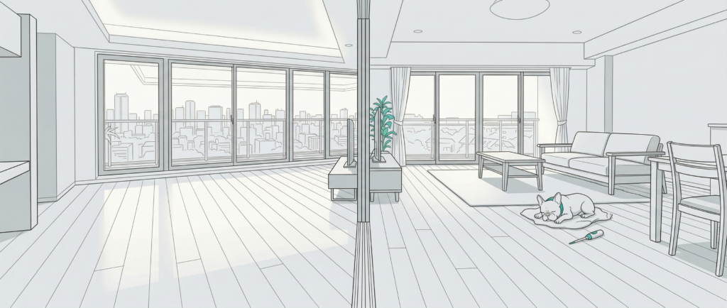 物件タイプ別に最適なフロアコーティング種類を比較した新築マンションの床面イメージ