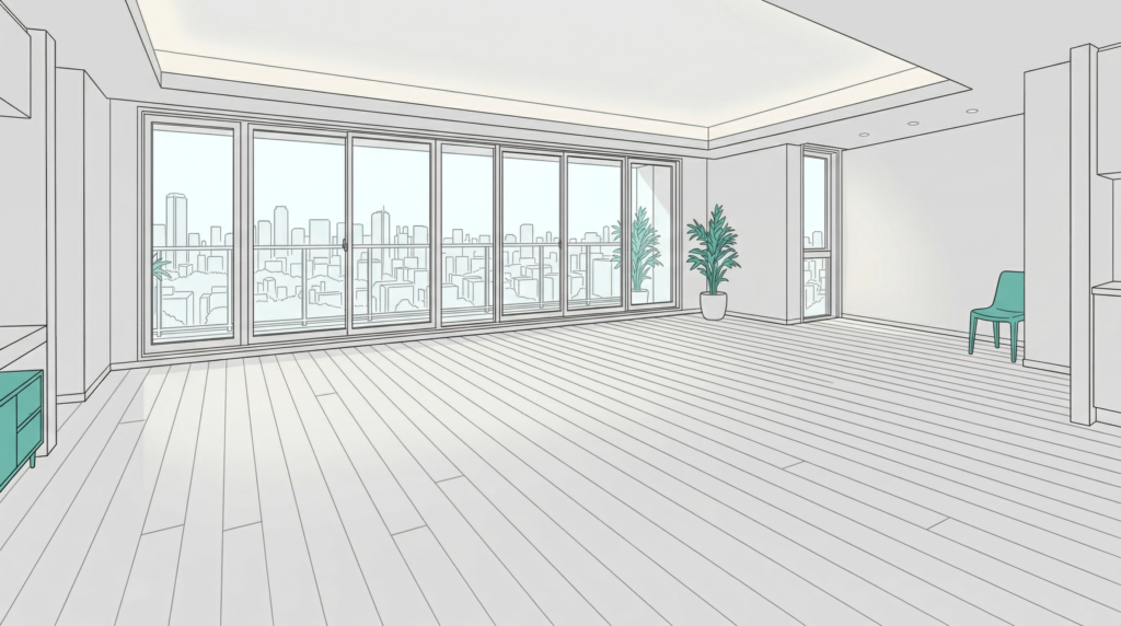 新築マンション入居前にフロアコーティングを施工したリビングの床面