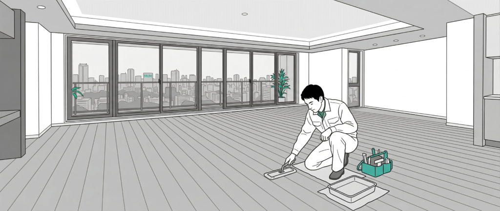 新築マンション入居前の傷ひとつないフローリングにフロアコーティングを施工する様子