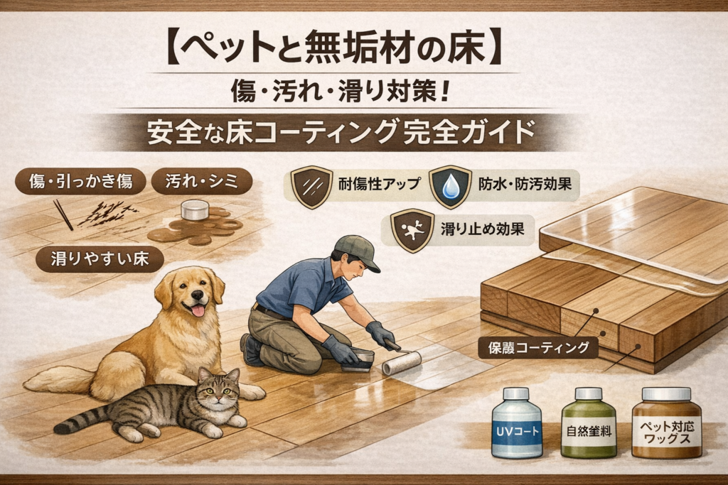 無垢材フローリングの上でくつろぐ犬と猫。ペット用床コーティングで滑り止め対策済みの室内イメージ