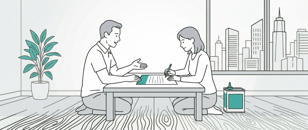 男性と女性がテーブルで料金プランの書類を確認しているM&Mフロアコーティングのラインアートイラスト