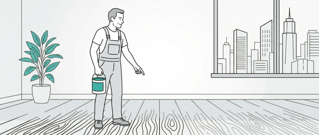 男性専門家がコーティング剤サンプルを手に持ち説明しているM&Mフロアコーティングのラインアートイラスト