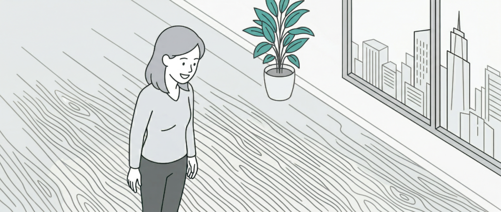 女性お客様が施工後のフローリングを満足げに確認しているM&Mフロアコーティングのラインアートイラスト