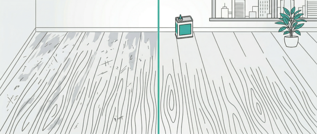 フローリング床の施工前後を左右で比較するビフォーアフターのM&Mフロアコーティングのラインアートイラスト