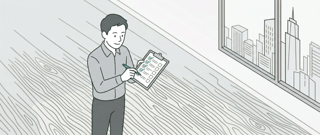 男性がクリップボードのチェックリストで業者を確認しているM&Mフロアコーティングのラインアートイラスト