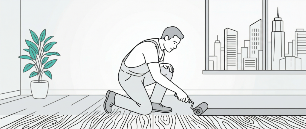 男性職人がフローリング床にコーティングローラーで塗布作業をしているM&Mフロアコーティングのラインアートイラスト