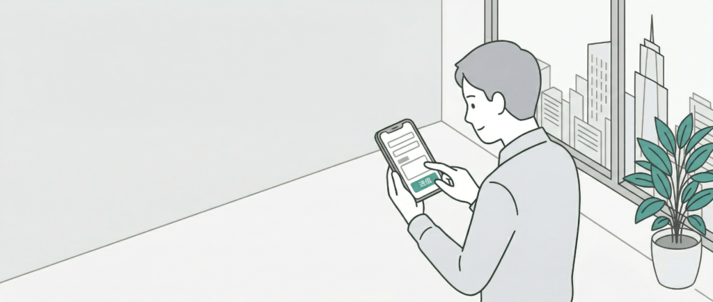 男性がスマートフォンで問い合わせフォームを操作している依頼シーンのM&Mフロアコーティングのラインアートイラスト