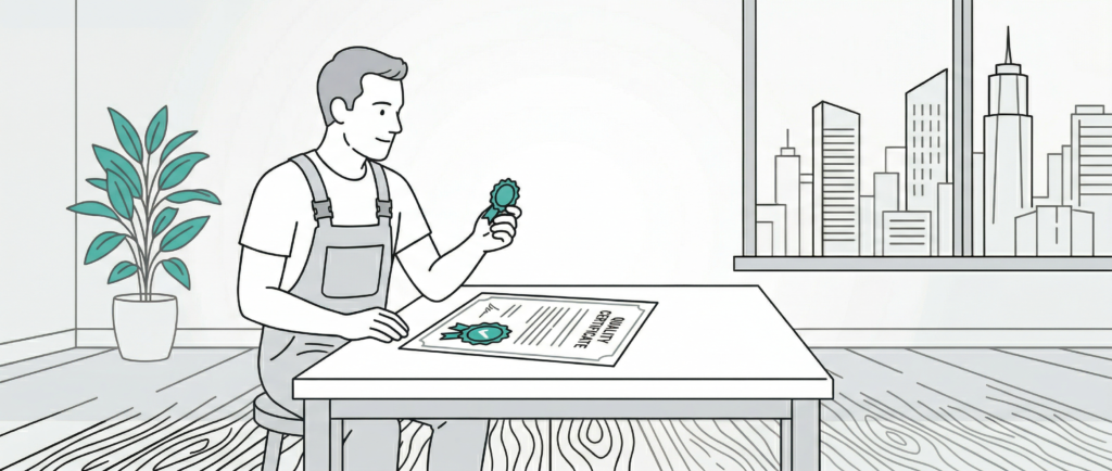 男性が品質証明書と認定バッジをテーブルで確認しているM&Mフロアコーティングのラインアートイラスト