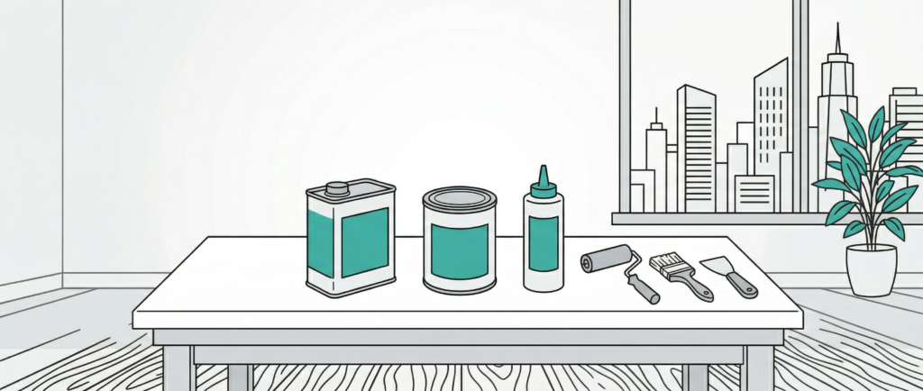 テーブルに3種類のコーティングサンプル容器が横並びに置かれているM&Mフロアコーティングのラインアートイラスト