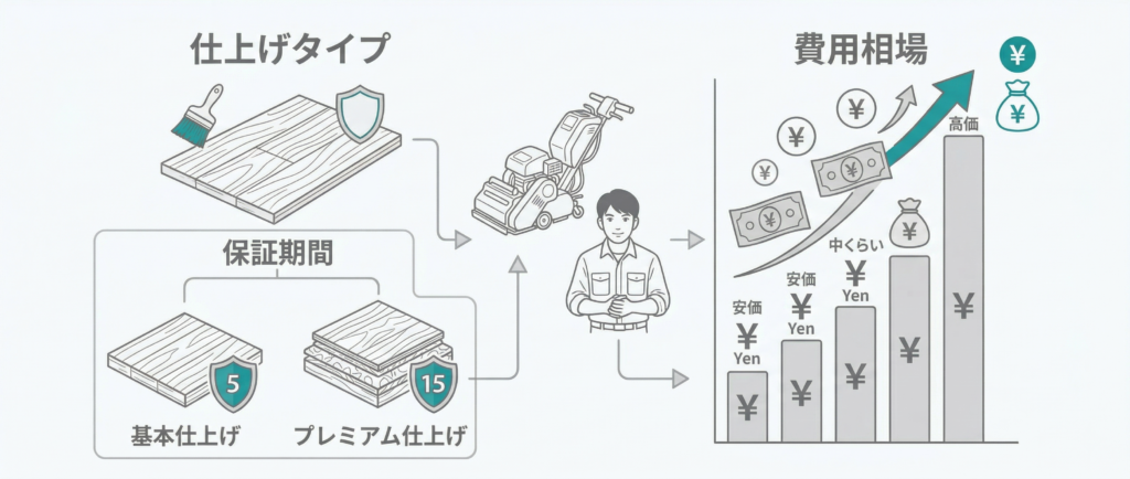 フロアサンディングの仕上げ種別と費用相場を示す無垢フローリングのイメージ