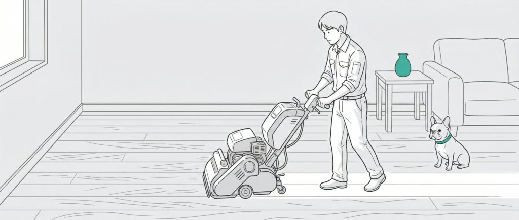 リビングの無垢フローリングをM&Mフロアコーティングがフロアサンディングで研磨再生している様子