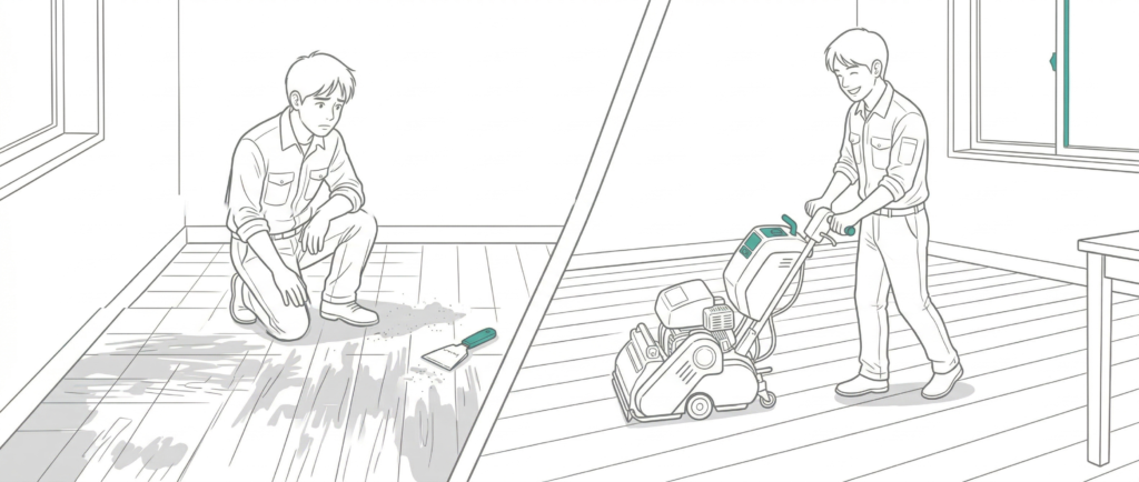 中古住宅の傷んだフローリングがM&Mフロアコーティングのフロアサンディングでビフォーアフターで蘇った状態