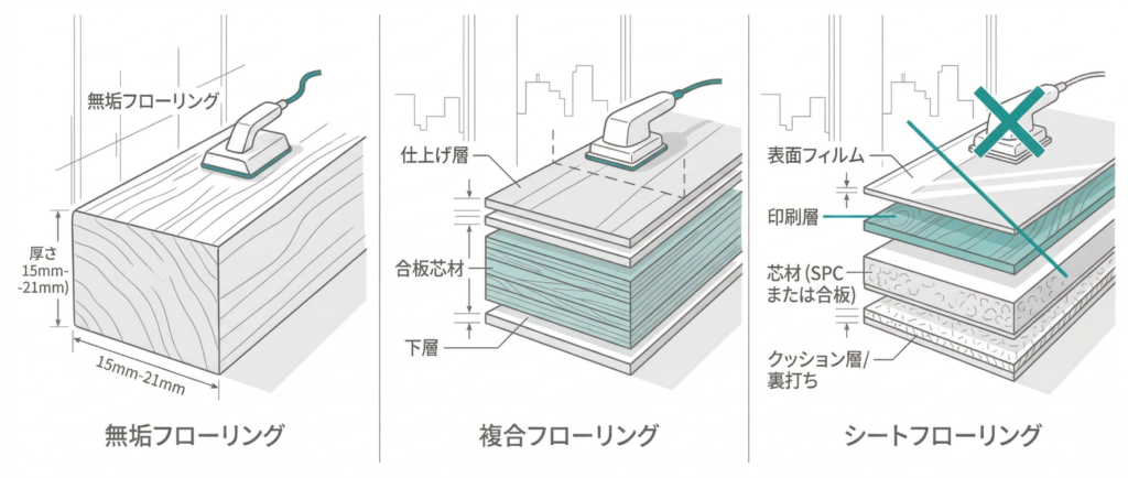 無垢フローリングと複合フローリング・シートフローリングの断面構造比較図