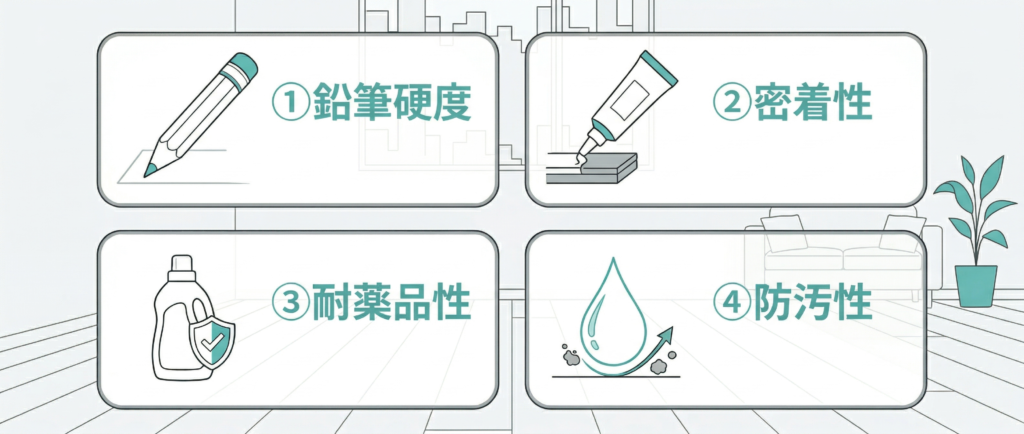 フロアコーティングの鉛筆硬度試験・密着性試験・耐薬品性試験の一覧