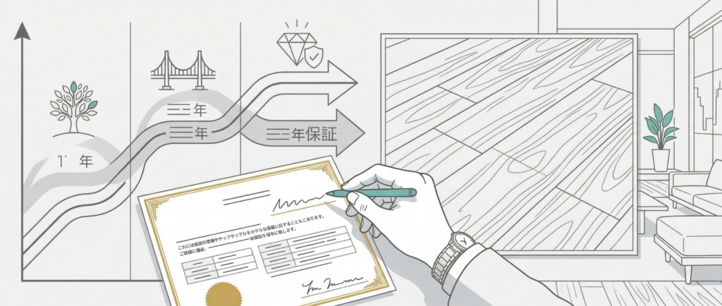 フロアコーティングの摩耗減量と保証年数の相関を示したグラフ