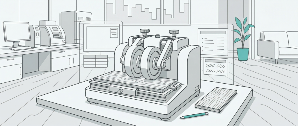 テーバー摩耗試験機でフロアコーティング塗膜の耐摩耗性を測定している様子