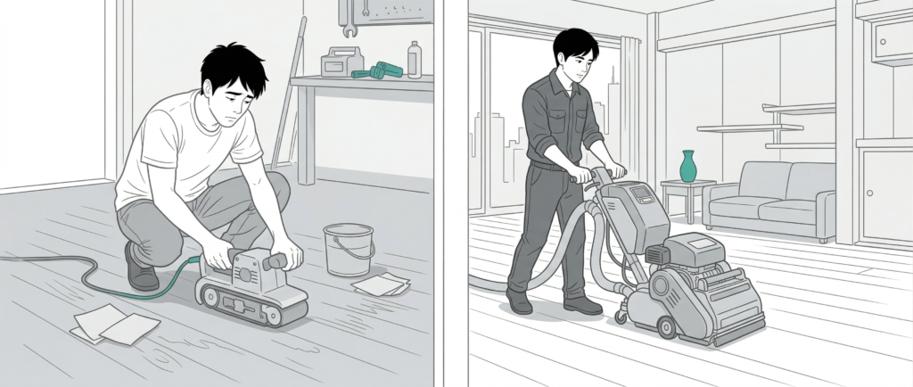 DIYのフローリング研磨とM&Mフロアコーティングの専門業者によるフロアサンディングを比較するイメージ