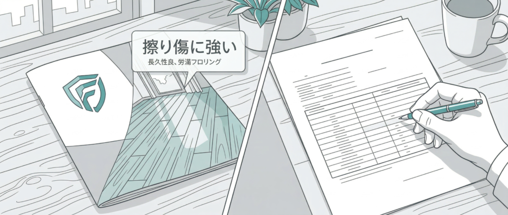 フロアコーティング業者の試験結果報告書と自社カタログを比較する様子