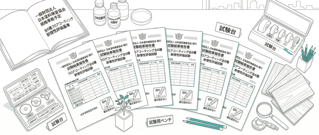 日本塗料検査協会が発行した全6種フロアコーティングの耐傷性試験結果報告書