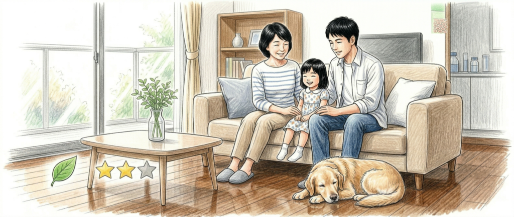 安全性が確認されたフロアコーティングが施工された明るく清潔なリビングのイメージ