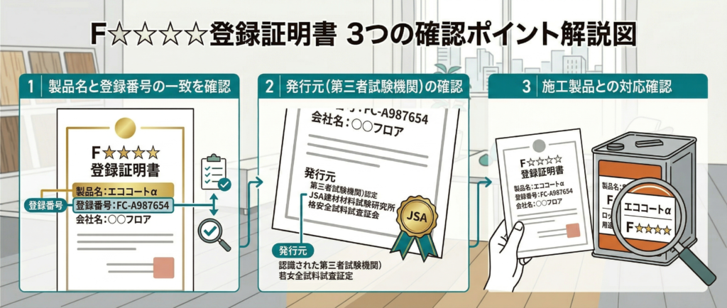 F☆☆☆☆登録証明書の製品名・登録番号・発行元の3つの確認ポイントを示したフロアコーティングの解説図