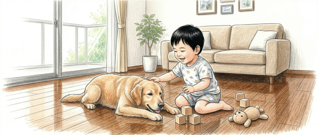 安全性が確認されたフロアコーティングの床でくつろぐ家族とペットのイメージ