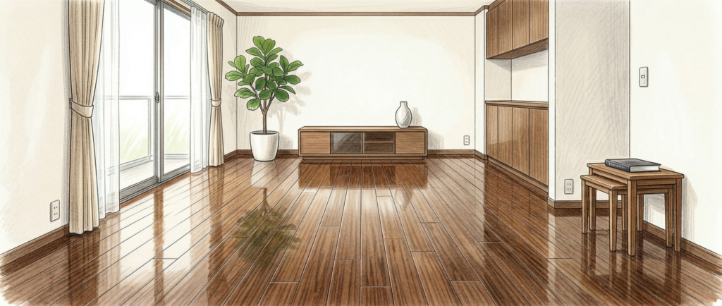 コーティング済みのフローリングをモップで水拭きしている様子。フロアコーティング専門店が推奨する簡単メンテナンス