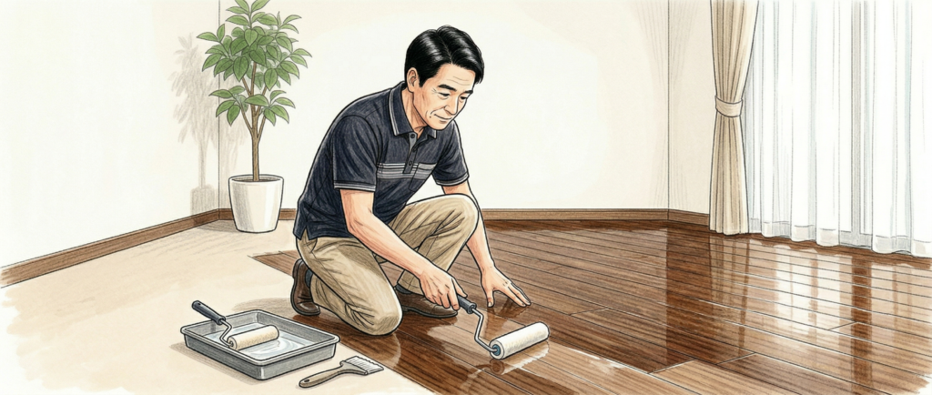 フロアコーティング専門店の職人がフローリングにコーティング剤をローラーで丁寧に塗布している施工の様子