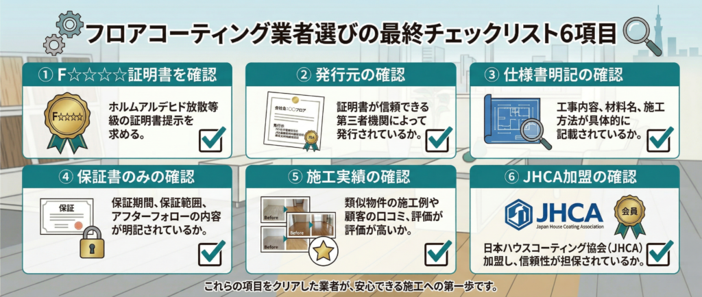 フロアコーティング業者選びの最終チェックリスト6項目をまとめた確認表のイメージ図