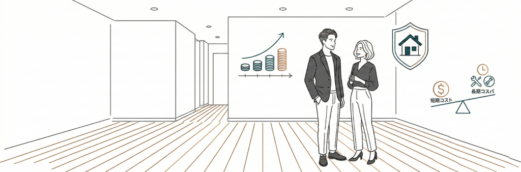 新築のリビングで、夫婦がフロアコーティングの費用相場と長期的なコストパフォーマンスについて話しているミニマルな線画イラスト