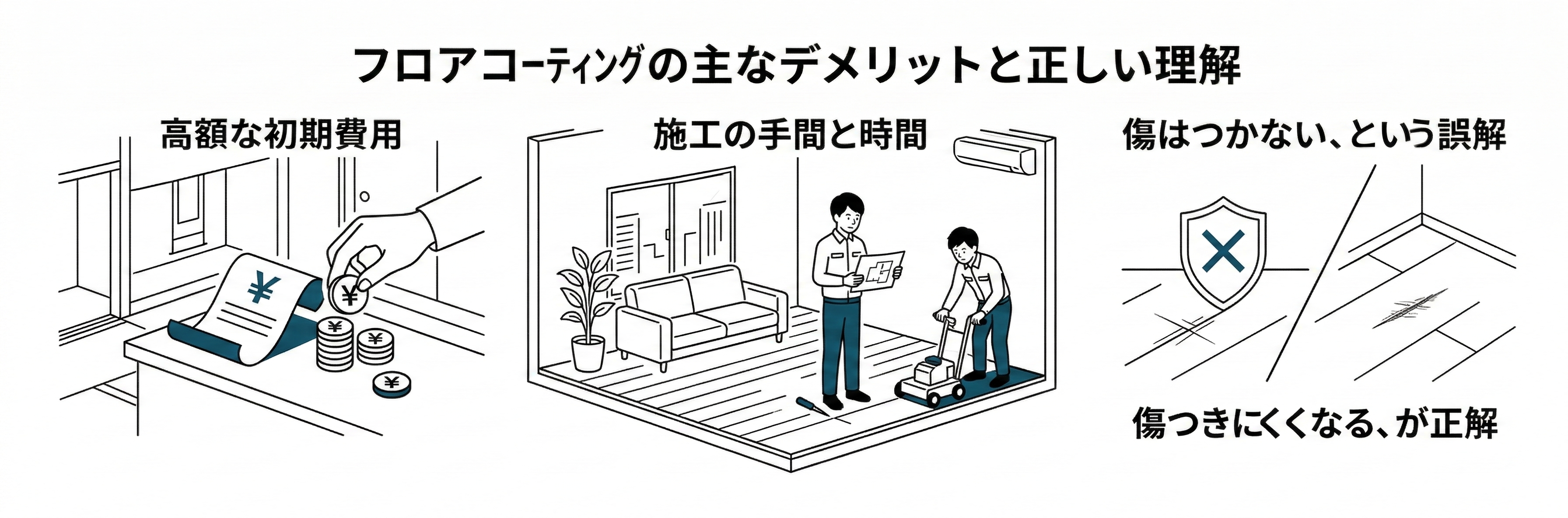 海外雑誌風のミニマルな線画イラスト。フロアコーティングのコストや施工の手間、誤解などのデメリットを都会的で洗練されたトーンで描いています。