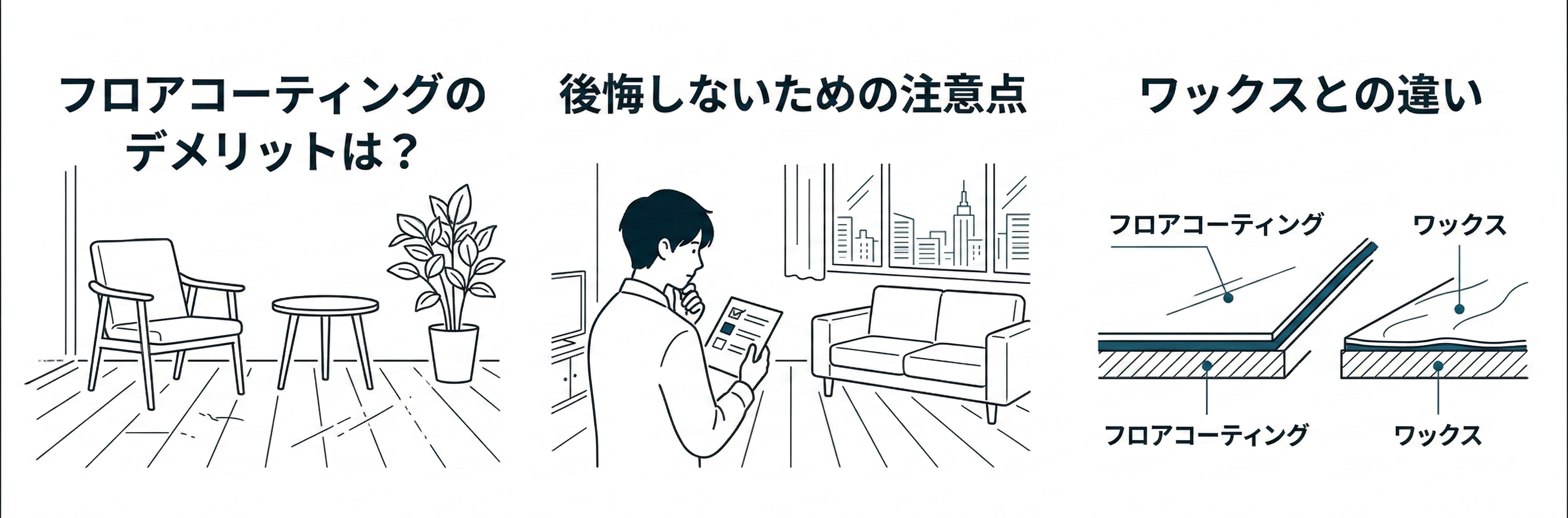 海外雑誌風のミニマルな線画イラスト。フロアコーティングのデメリット、注意点、ワックスとの違いを都会的で洗練されたトーンで描いています。