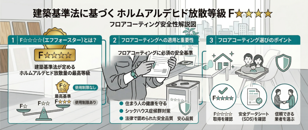 建築基準法に基づくホルムアルデヒド放散等級F☆☆☆☆をフロアコーティングで解説する図