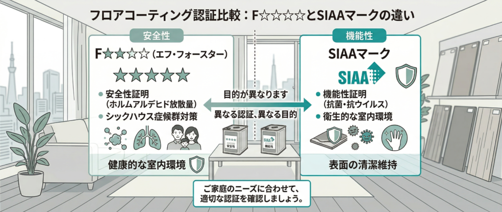 フロアコーティングの安全性証明F☆☆☆☆と機能性証明SIAAマークの違いを示す比較インフォグラフィック