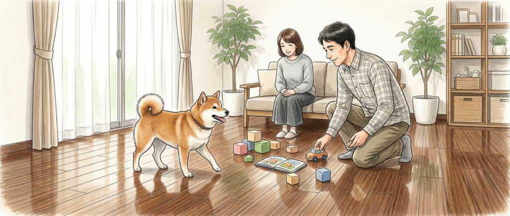 犬と子供がいる家庭のフローリングにフロアコーティングを施工した様子