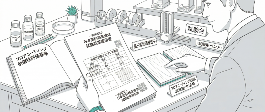 日本塗料検査協会の試験報告書を確認しながらフロアコーティングの耐傷性エビデンスを説明する様子