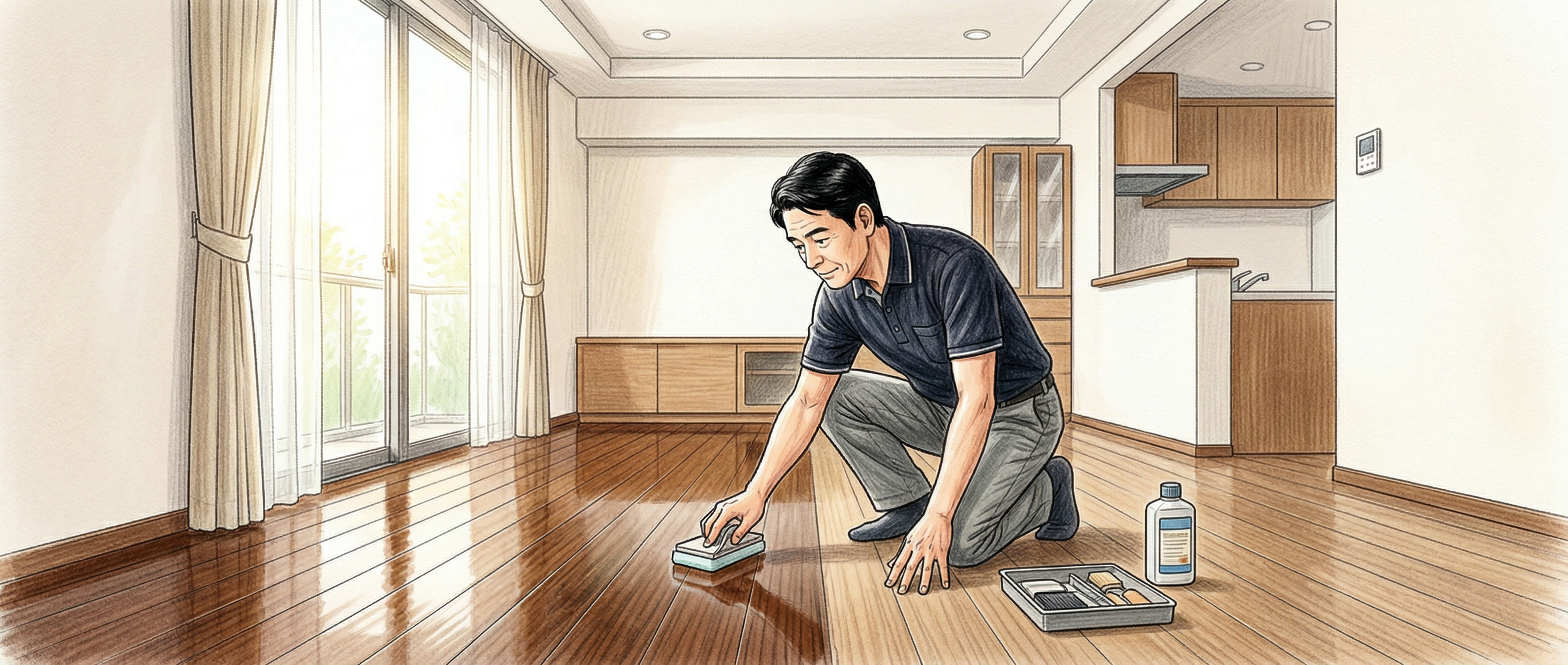 新築フローリングにフロアコーティングを施工するフロアコーティング専門店の様子