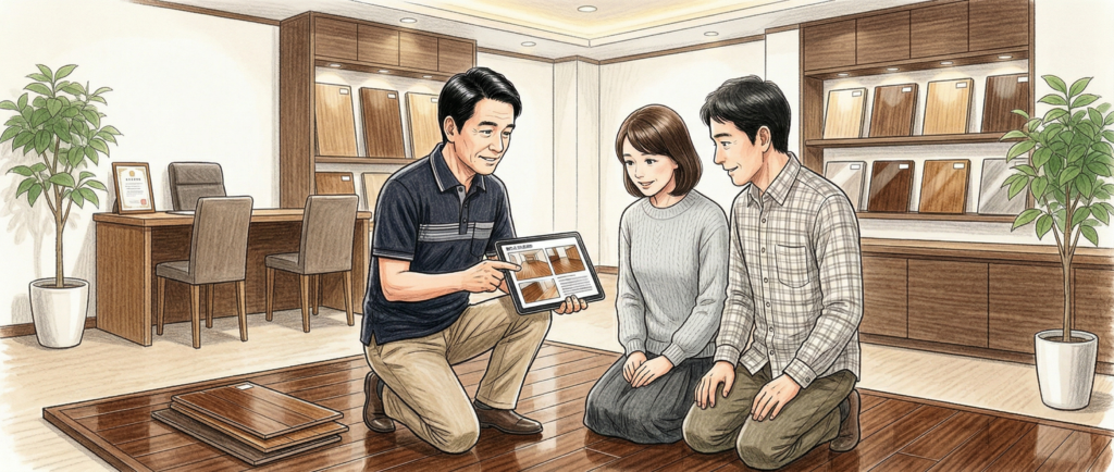 UV・ガラス・ウレタンなどフロアコーティングの種類をフロアコーティング専門店が比較説明している様子