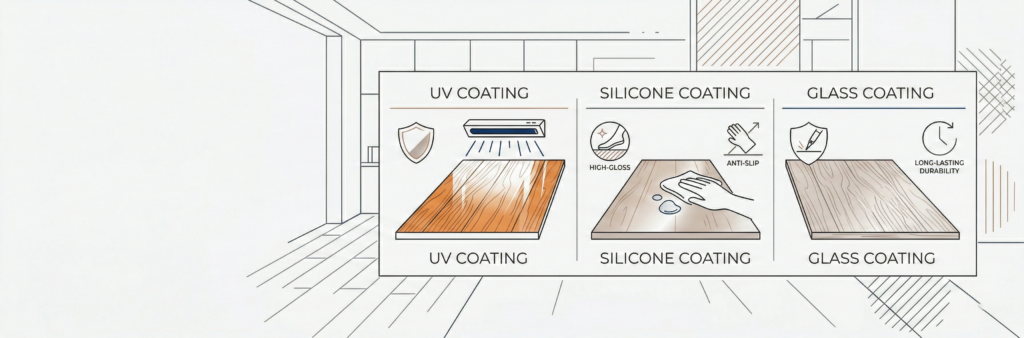 UVコーティング、ガラスコーティング、シリコンコーティングなど、フロアコーティングの種類と特徴を比較するためのミニマルな線画イラスト