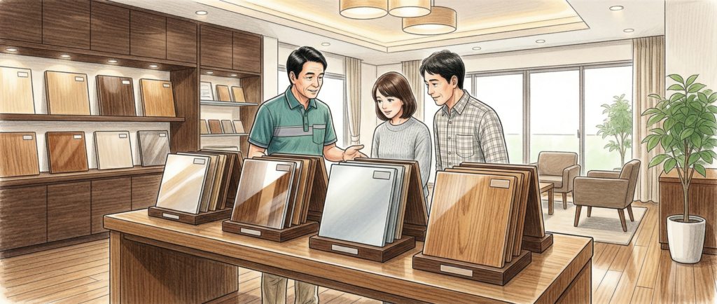 フロアコーティング専門店の担当者が施工実績をお客様に説明している様子