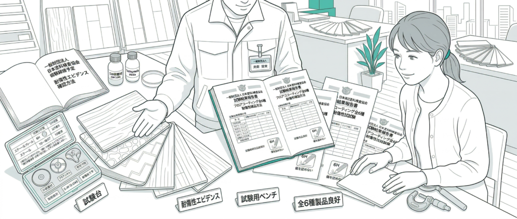 コルクフローリングとクッションフロアなどフロアコーティング施工前の床材確認作業