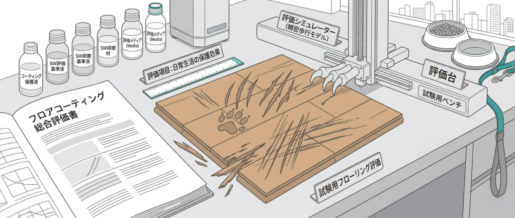 ペットの爪痕と家具の引きずり傷がついたフローリング床面の状態