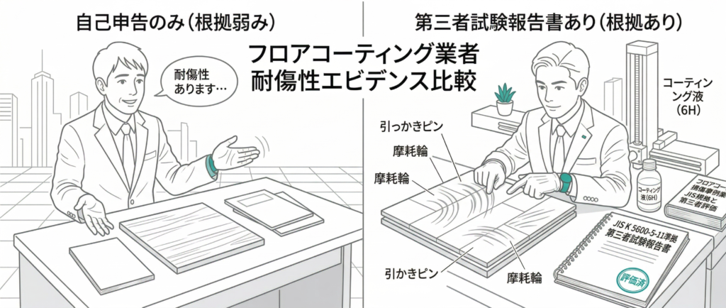 試験報告書のある業者とない業者の耐傷性エビデンス比較を示すイメージ