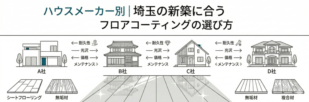 ハウスメーカー別、埼玉の新築に合うフロアコーティングの選び方を示すミニマルな線画イラスト