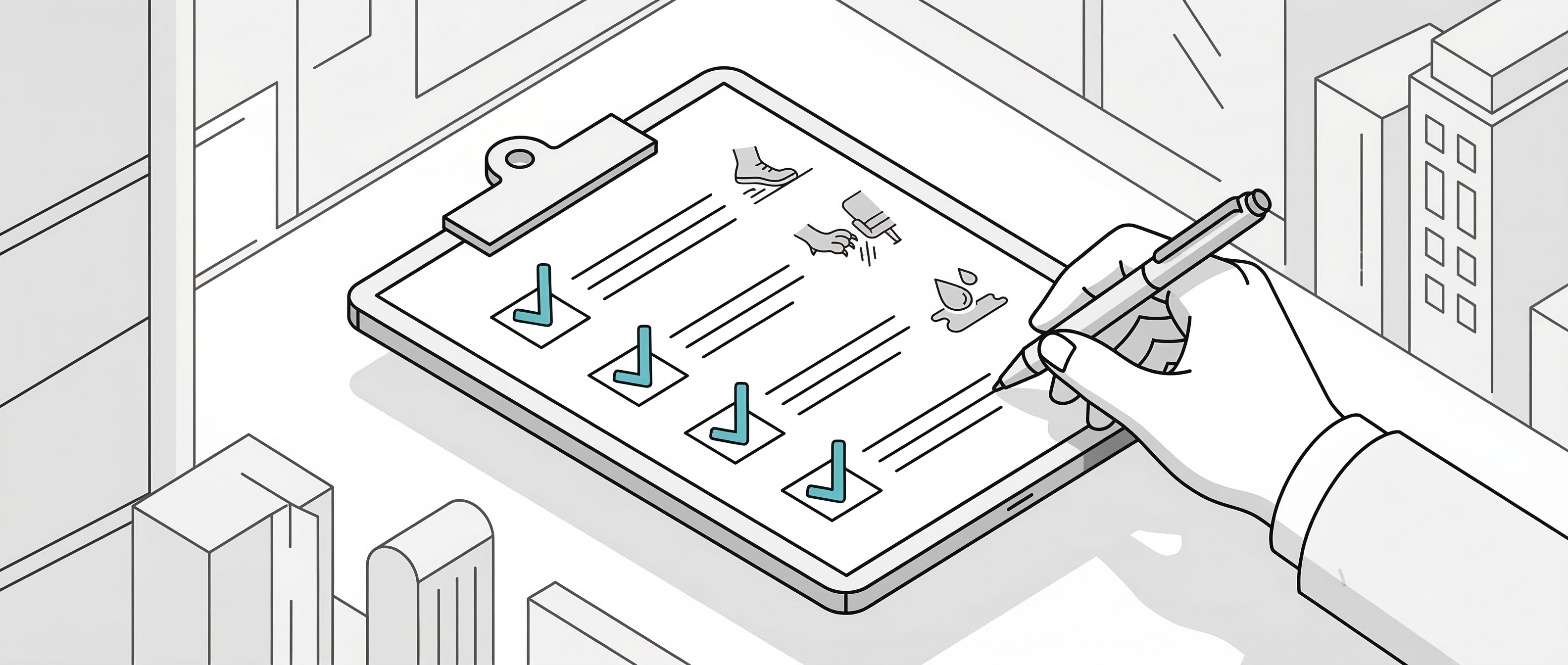 海外雑誌風のモダンな線画イラスト。都會的なトーンの中に、チェックリストとペンを持つ手、フロアコーティングの性能(耐滑性、耐傷性、耐水性、安全性)を表す抽象的なアイコンが配置されている。