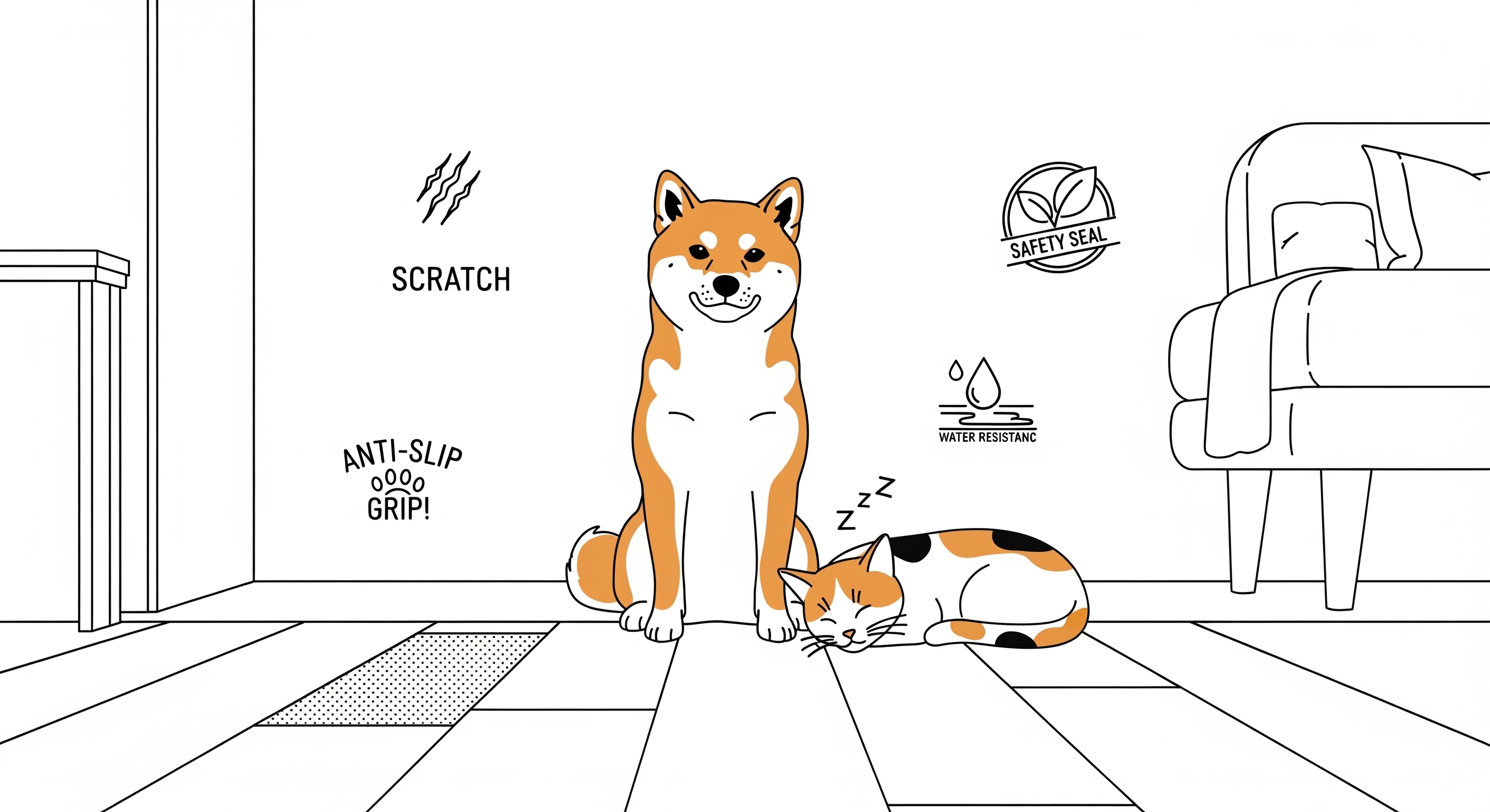モノトーンの都会的な室内で、滑り止め・耐傷・耐水・安全性の4要素をアイコンで表現した、犬と猫がいるスタイリッシュな線画イラスト。