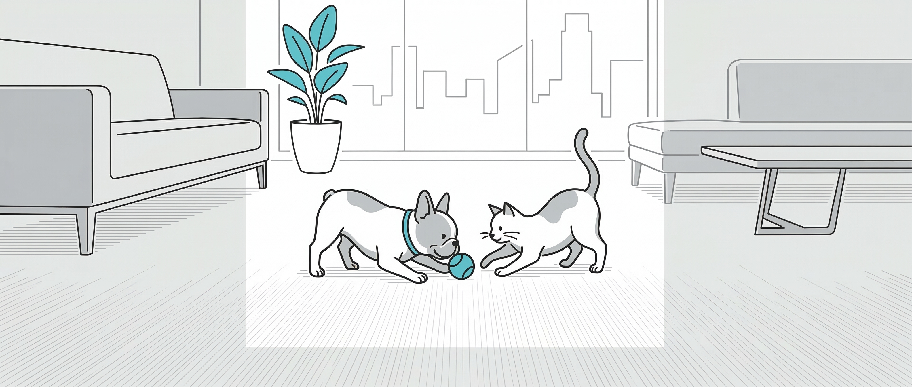 スタイリッシュなモノトーンのリビングで、滑り止めコーティングされた床の上を犬と猫が仲良くボールで遊んでいるモダンな線画イラスト。