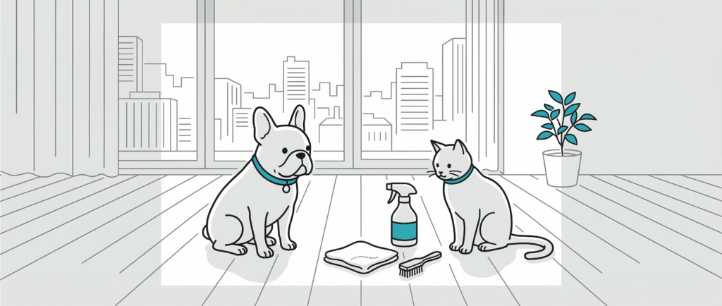都市部の住空間で、フロアコーティングの種類別お手入れポイントをイメージ。掃除道具とフレンチブルドッグ・猫を配した洗練されたミニマルなラインアート。