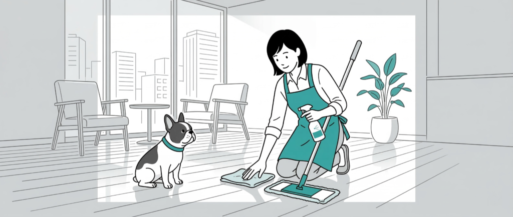 都会的なリビングでフローリングを水拭きする女性と、それを見守るフレンチブルドッグ。洗練されたラインアートで描かれたフロアコーティングの正しいお手入れイメージ。